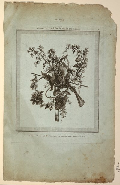 Trofee met Jachtgereedschap, Plaat 1 uit "Suite de Trophées de chasse," Suite VI door Etienne Claude Voysard
