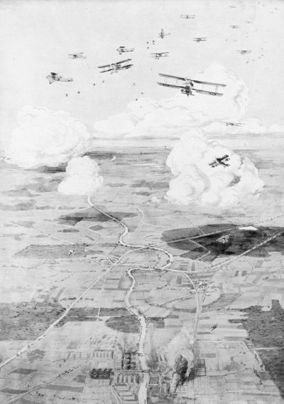 Frans squadron op het doel, fabrieken aan de rand van een rivier, 1918, 1926 door Etienne Cournault