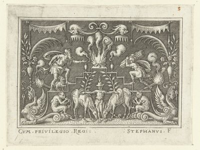 Abraham gaat Izaäk opofferen Vlakdecoraties met scènes uit het Oude Testament in een omlijsting van grotesken door Etienne Delaune