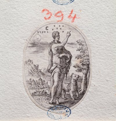 Allegorie van het zicht, een vrouw wijst naar de hemel (gravure) door Etienne Delaune