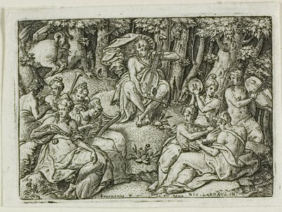 Apollo en de Muzen door Etienne Delaune