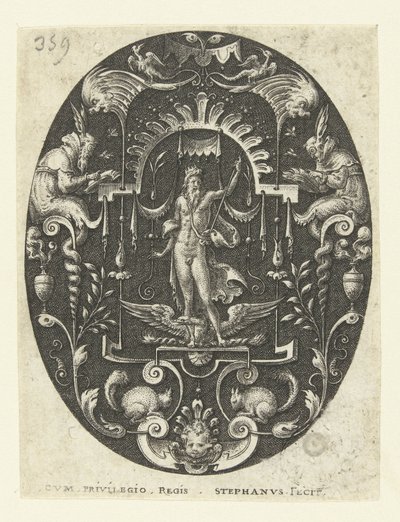 Jupiter met zijn adelaar aan zijn voeten (Ovalen met goden, omringd door grotesken) door Etienne Delaune