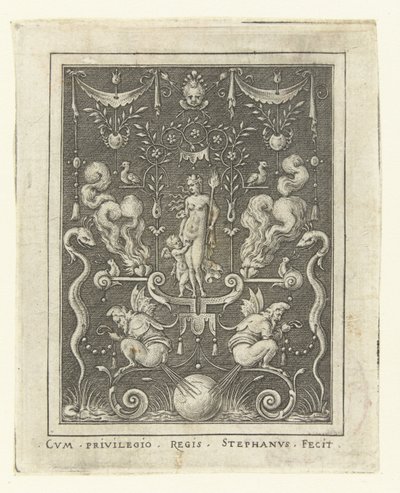 Venus met Amor tussen vier brandende harten door Etienne Delaune