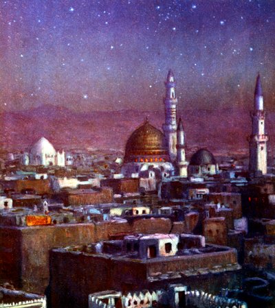 Uitzicht op Medina, Arabië, bij maanlicht, met de koepel van het graf van de profeet, 1918 door Alphonse Etienne Dinet