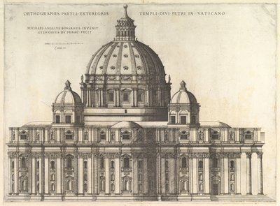 Speculum Romanae Magnificentiae: Verhoging die de Buitenkant van de Sint-Pietersbasiliek toont door Etienne Duperac