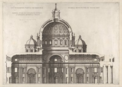 Speculum Romanae Magnificentiae: Lengtedoorsnede die het interieur van de Sint-Pietersbasiliek toont door Etienne Duperac