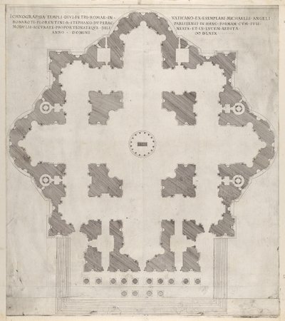 Speculum Romanae Magnificentiae: Plattegrond van St. Pieter, 1569 door Etienne Duperac