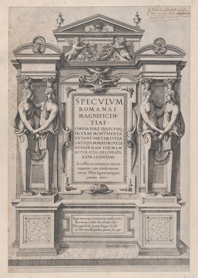 Speculum Romanae Magnificentiae: Titelpagina gegraveerd binnen architectonische en sculpturale decoraties, 1573-77 door Etienne Duperac
