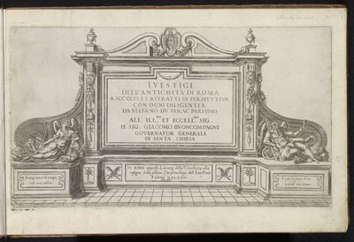 Titelprent met een monument met titel, geflankeerd door Faam en Vadertje Tijd door Etienne Duperac