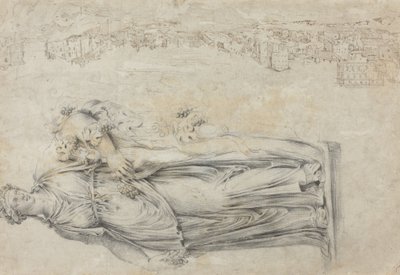 Uitzicht op de Tiber; Kopie van een Romeins Beeld van een Bacchante [verso] door Etienne Duperac