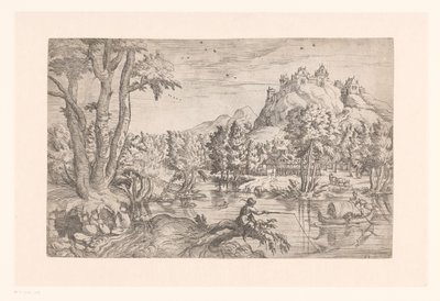 Landschap met visser en kasteel op bergtop door Etienne Dupérac (attributed to)