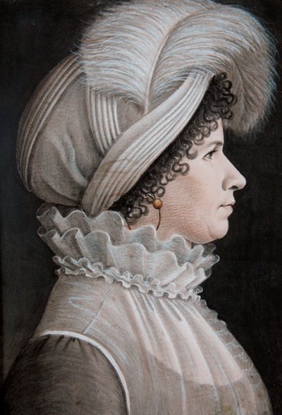 Portret van een vrouw met een hoed versierd met een veer door Etienne Esperance Bouchardy
