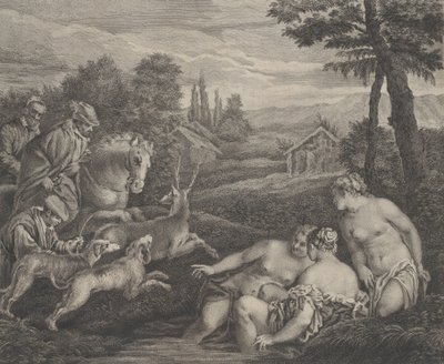 Diane en Acteon veranderd in Hert, ca. 1742 door Etienne Fessard