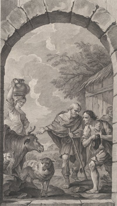 De kapel van de Enfants-Trouvés in Parijs: Groep herders voor een hut door Etienne Fessard