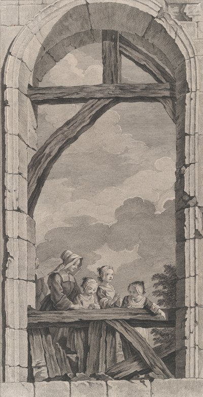 De kapel van de Enfants-Trouvés in Parijs: Religieuse et petites filles regardant la crèche, 1756 door Etienne Fessard
