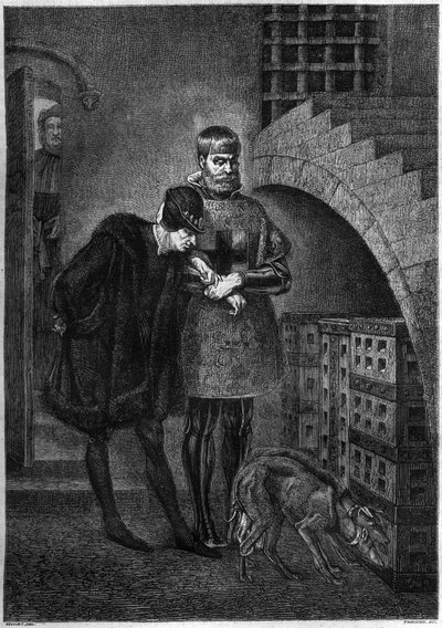 Koning Lodewijk XI van Frankrijk (1423-1483) bezoekt de gevangene Jean de La Balue (Kardinaal Balue) (1421-1491), opgesloten in een ijzeren kooi. Gravure door Bocour naar het schilderij van Gerome door Etienne Gabriel Bocourt