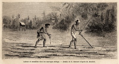 Ploegen en zaaien onder de wilden Stiengs, inwoners van de bossen van Cambodja, tekening door E.Bocour, ter illustratie van de reis van Henri Mouhot door de koninkrijken Siam, Cambodja en Laos van 1858 tot 1861. Gravure in "Le tour du monde", uitgegeven door Etienne Gabriel Bocourt