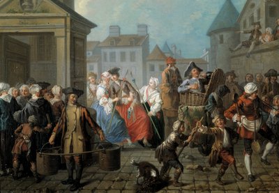 Carnaval in de straten van Parijs (detail) door Étienne Jeaurat