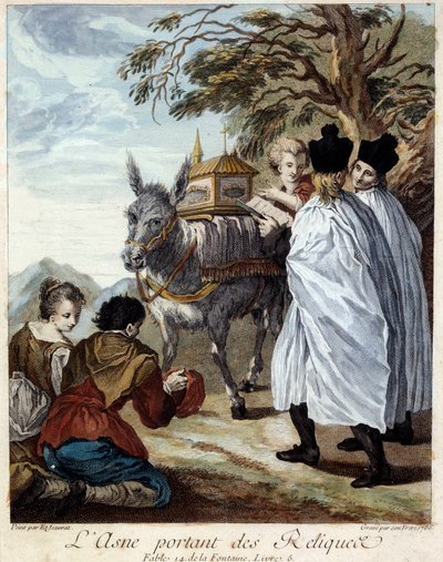 Ezel die relikwieën draagt. Illustratie voor de fabel van Jean de La Fontaine. Schilderij door Etienne Jeaurat (1699-1789) door Étienne Jeaurat