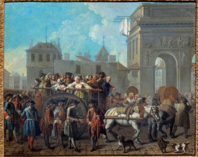 Het gedrag van de meisjes van plezier in de Salpêtrière, de doorgang bij de poorten van Saint Bernard. Het huidige Salpêtrière-ziekenhuis was oorspronkelijk een gevangenis en een hospice voor vrouwen. 1757 door Étienne Jeaurat
