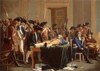 De ochtend van de 10e Thermidor Jaar II; Maximilien de Robespierre, met een gebroken kaak, uitgespreid op een tafel door Etienne Lucien (after) Melingue