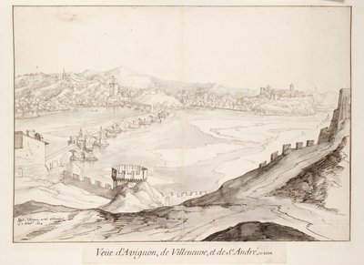 Uitzicht op de brug bij Avignon richting Villeneuve, begin 17e eeuw door Etienne Martellange