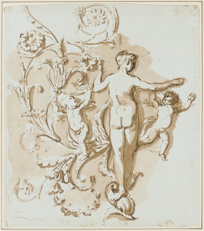 Een vrouwelijke naakt van achteren gezien, met twee putti, tussen acanthusblad decoratie door Etienne de Lavallee Poussin