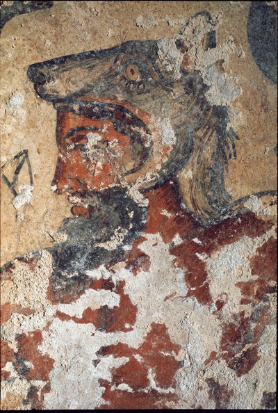Aita (Eiza), Etruskische god van het hiernamaals, met een wolvenkap (detail) door Etruscan