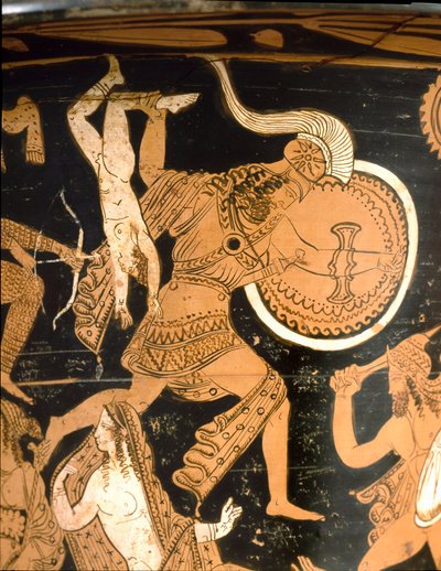 Klokvormige krater met de vernietiging van Troje (detail met Neoptolemos die Astyanax over de muren gooit) door Etruscan