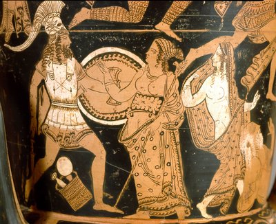Etruskische oudheid: krater in bel die de vernietiging van Troje voorstelt: detail van Menelas tegenover Aphrodite, Helene is rechts afgebeeld. Van Falerii Veteres (Civita Castellana). 350-300 v.Chr. Rome, Museo Nazionale di Villa Giulia door Etruscan