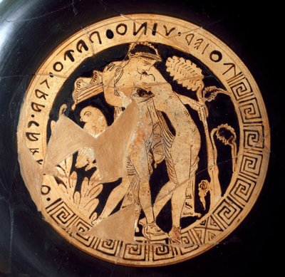 Etruskische oudheid: detail van een kylix die Dionysus en Ariane voorstelt. Uit Falerii Veteres (Civita Castellana) 6e eeuw v.Chr. Rome, Museo Nazionale di Villa Giulia door Etruscan