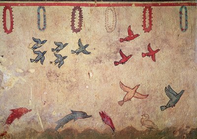 Watervogels en springende dolfijnen, uit het Graf van Jagen en Vissen, c.520-10 v.Chr. door Etruscan