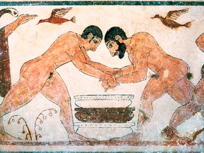 Etruskische kunst: Atleten afgebeeld in het graf van de auguren in de necropolis van Monterozzi Tarquinia, nabij Viterbo, Italië. Fresco uit de 6e eeuw v.Chr. door Etruscan