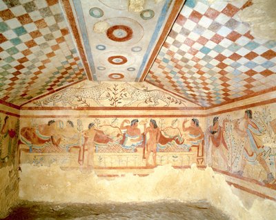 Etruskisch graf van de Luipaarden, fresco met banketscène, Tarquinia. 5e eeuw v.Chr., Italië door Etruscan