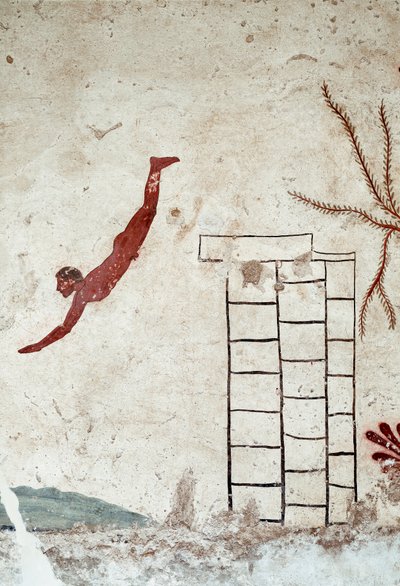 Etruskische kunst: Een jonge zwemmer duikt. Fresco van het graf van de 