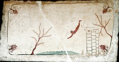 Etruskische kunst: Een jonge zwemmer duikt. Fresco van het graf van de 