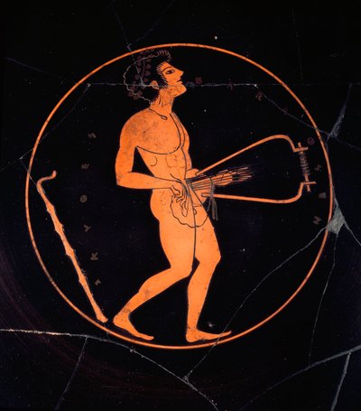 Etruskische kunst: Kylix zwarte terracotta versierd met de voorstelling van een lier speler. Uit het graf van de Griekse vazen. Necropolis van de Banditaccia. Cerveteri. 6e of 5e eeuw v.Chr. Rome, Museo Nazionale di Villa Giulia door Etruscan