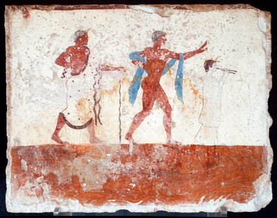Etruskische kunst: een jonge ephebe, een muzikant en een ceremoniemeester. Fresco van het graf van de 
