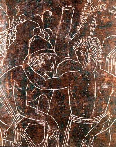 Etruskische kunst: detail van de bronzen Ficoroni Cistus die de legende van de Argonauten voorstelt. Van Preneste (Palestrina). 340 v.Chr. Museo Nazionale di Villa Giulia, Rome door Etruscan