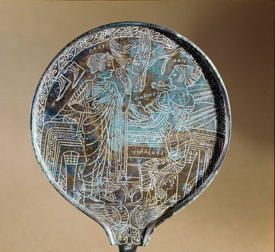 Etruskische kunst: achterkant van een bronzen spiegel: Aphrodite overtuigt Helene om Parijs naar Troje te volgen. 5e eeuw v.Chr. Rome, Museo Nazionale di Villa Giulia door Etruscan