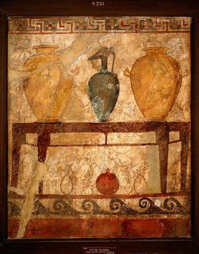 Etruskische kunst: tafel met vazen met offers. Fresco uit de begraafplaats van Paestum. 4e eeuw v.Chr. Museo Archeologico Nazionale, Napels, Italië door Etruscan