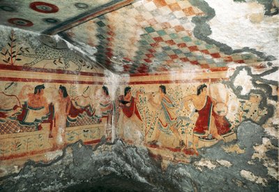 Etruskische kunst: uitzicht op het interieur van het graf van de Luipaarden, versierd met fresco