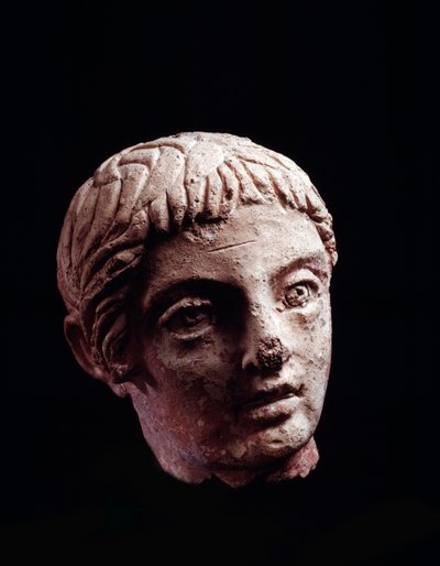 Etruskische beschaving: hoofd van een jonge man uit de tempel van Belvedere, in Orvieto - 5e-4e eeuw v.Chr. Diam 13 cm door Etruscan