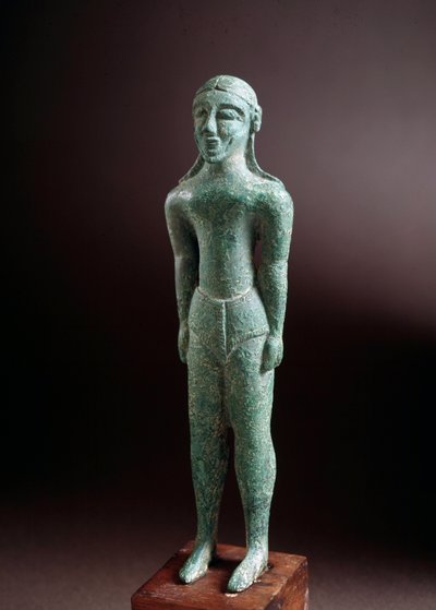 Etruskische beschaving: kouros bronzen beeld, uit Castello bij Florence, Italië, 550 v.Chr., Dim 15 cm door Etruscan