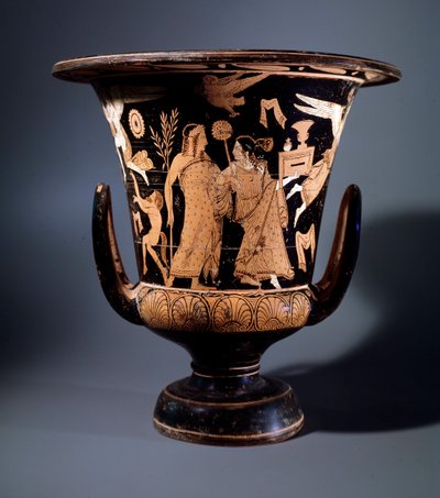 Etruskische beschaving: terracotta kraterdecor door de schilder van Nazzano die Apollo en een menade voorstelt, 350 v.Chr. Dim 57 cm, Van de site van Civita Castellana door Etruscan