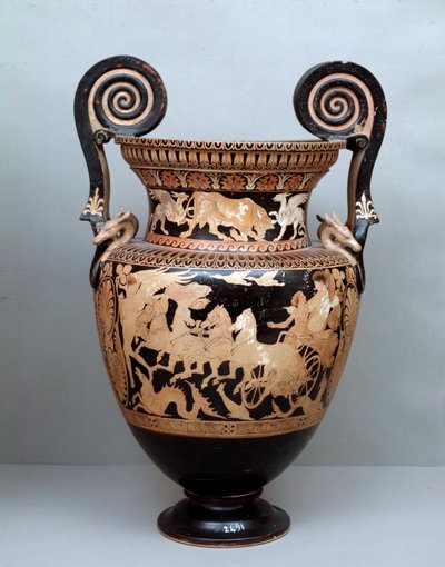 Etruskische beschaving: terracotta krater met voluten die Aurora op haar wagen voorstelt, 360-340 v.Chr., uit Cerveteri, Italië door Etruscan