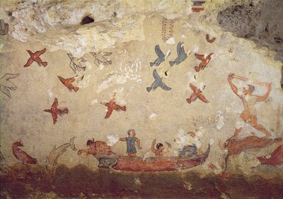 Vissers in een boot en vogels die vliegen, uit het graf van vissen en jagen, c.520-510 v.Chr. door Etruscan