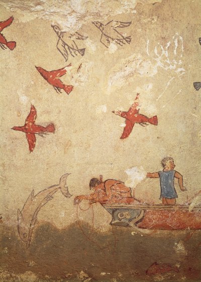 Vissersboot, uit het Graf van Jacht en Visserij, c.520-10 v.Chr. (muurschildering) door Etruscan