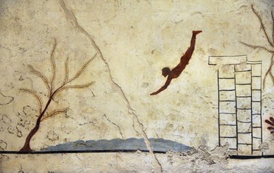 Griekse kunst: Een jonge zwemmer duikt. Fresco van het graf van de 