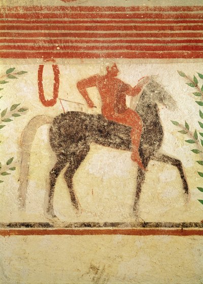 Ruiter, linkerkant, uit het graf van de Baron, ca. 500 v.Chr. (muurschildering) door Etruscan
